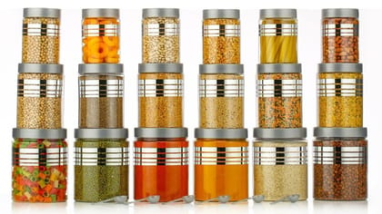 HAPPI Multipurpose Unbreakable Plastic Printed Silver Line Airtight Container Set Masala Box For Kitchen Storage Box Dabba For Spice, Pack of 18 (6 Pcs of Each 350ml, 650ml, 1200ml with 18 Spoons)
