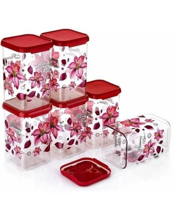 HAPPI Multipurpose Unbreakable Plastic Modular Transparent Square Printed Containers Set For Kitchen Storage Airtight Box Dabba For Spice, Masala Box for Kitchen 1100 ml (Pack of 6 - Pink)