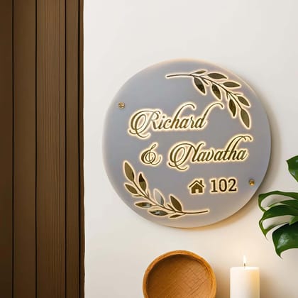 iCreations Personalized Round Shaped Acrylic Name Plate with LED Lights For Home Entrance (12 inch diameter)