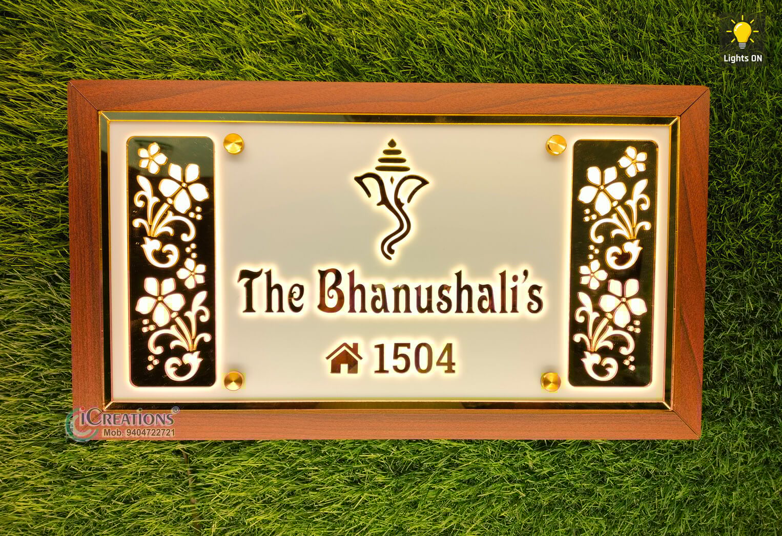 iCreations Custom Acrylic Nameplate with LED Lights for Home Entrance White & Gold letter with woodlike border (9x16 Inch)