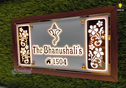 iCreations Custom Acrylic Nameplate with LED Lights for Home Entrance White & Gold letter with woodlike border (9x16 Inch)