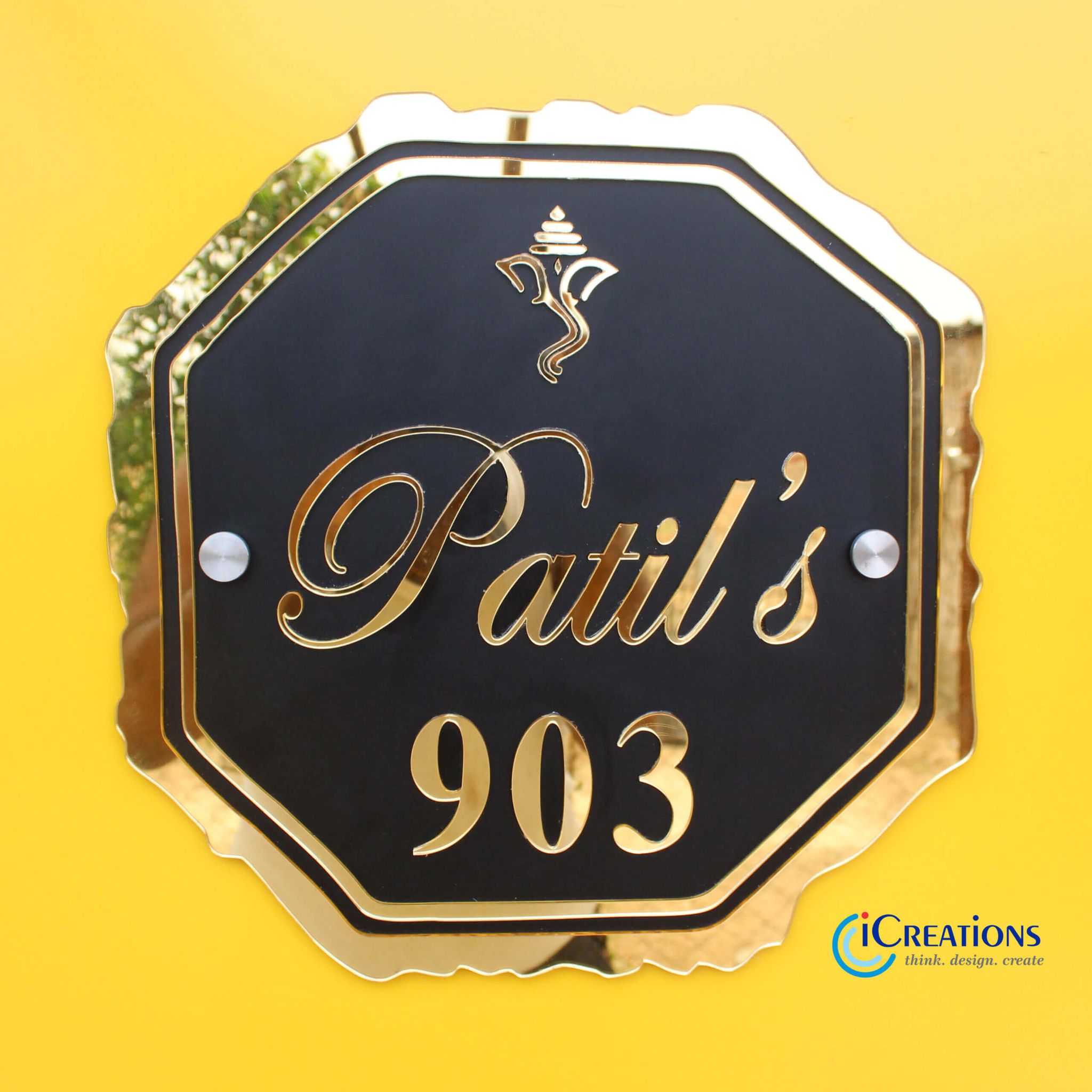 iCreations Black Nameplate with Golden Acrylic Solid Letters in Chhatrapati Shivaji Shivmudra style