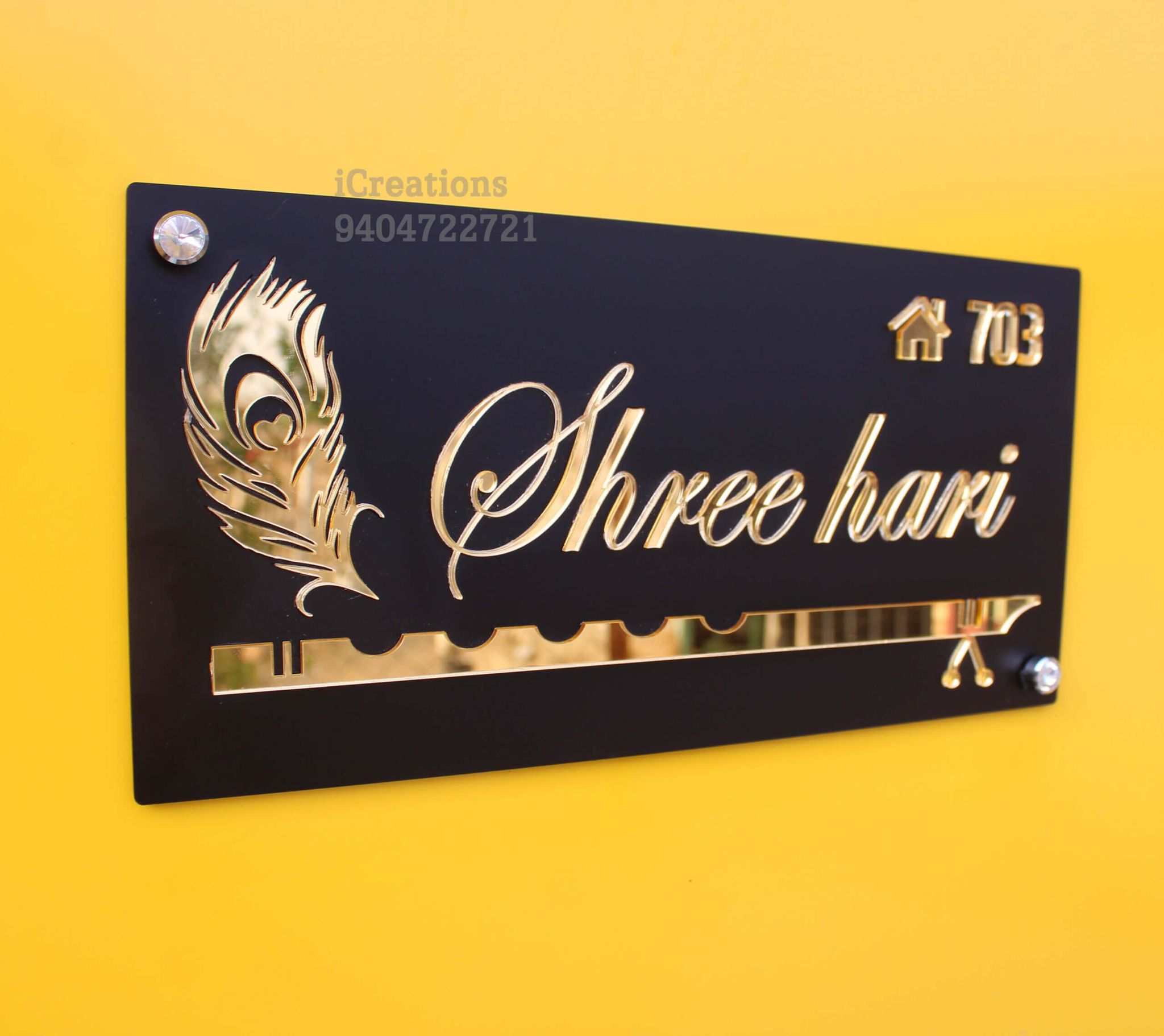 iCreations Nameplate for house with Peacock Feather & Flute