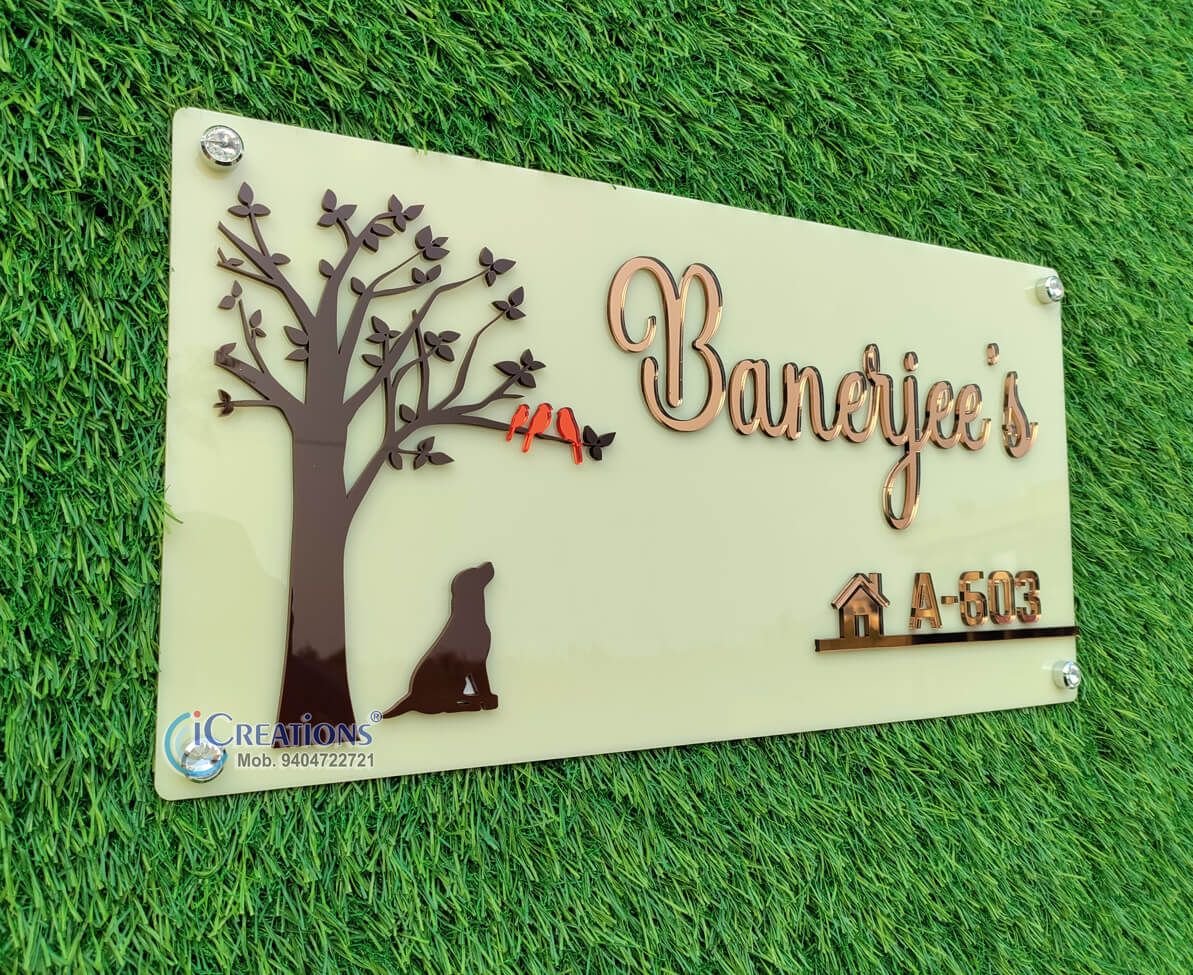 iCreations Home Name Plate for Entrance with Bronze shiny Acrylic Solid Letters (8x16 Inch)
