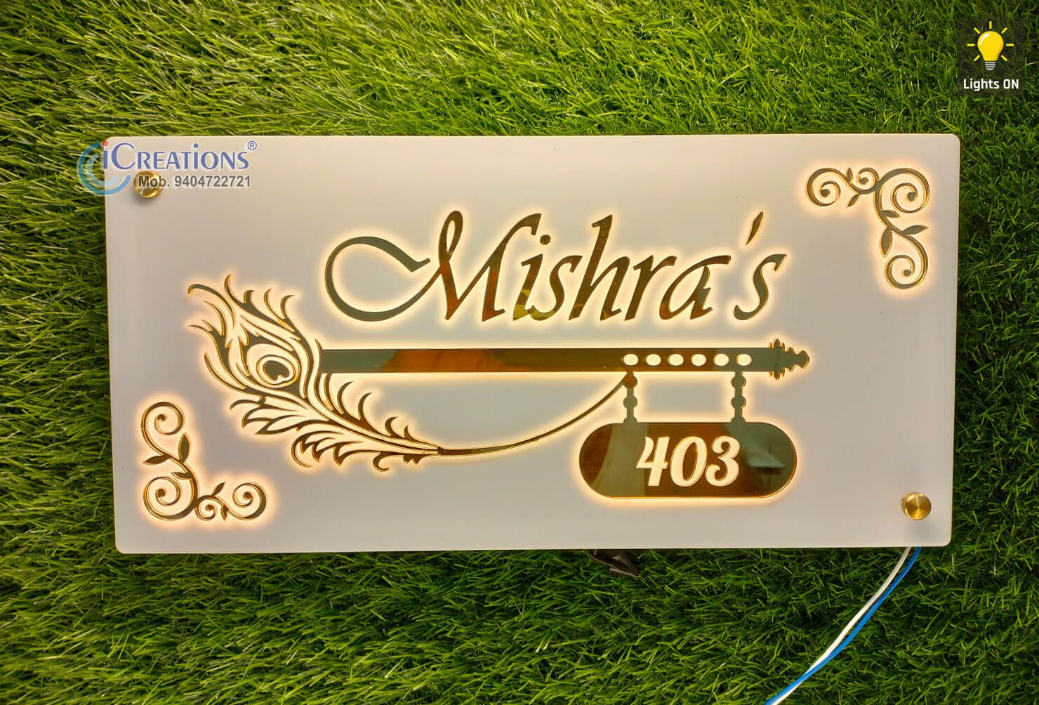 iCreations Personalized Acrylic Nameplate - Flute & Feather Theme, Illuminated by Built-in LED Lights