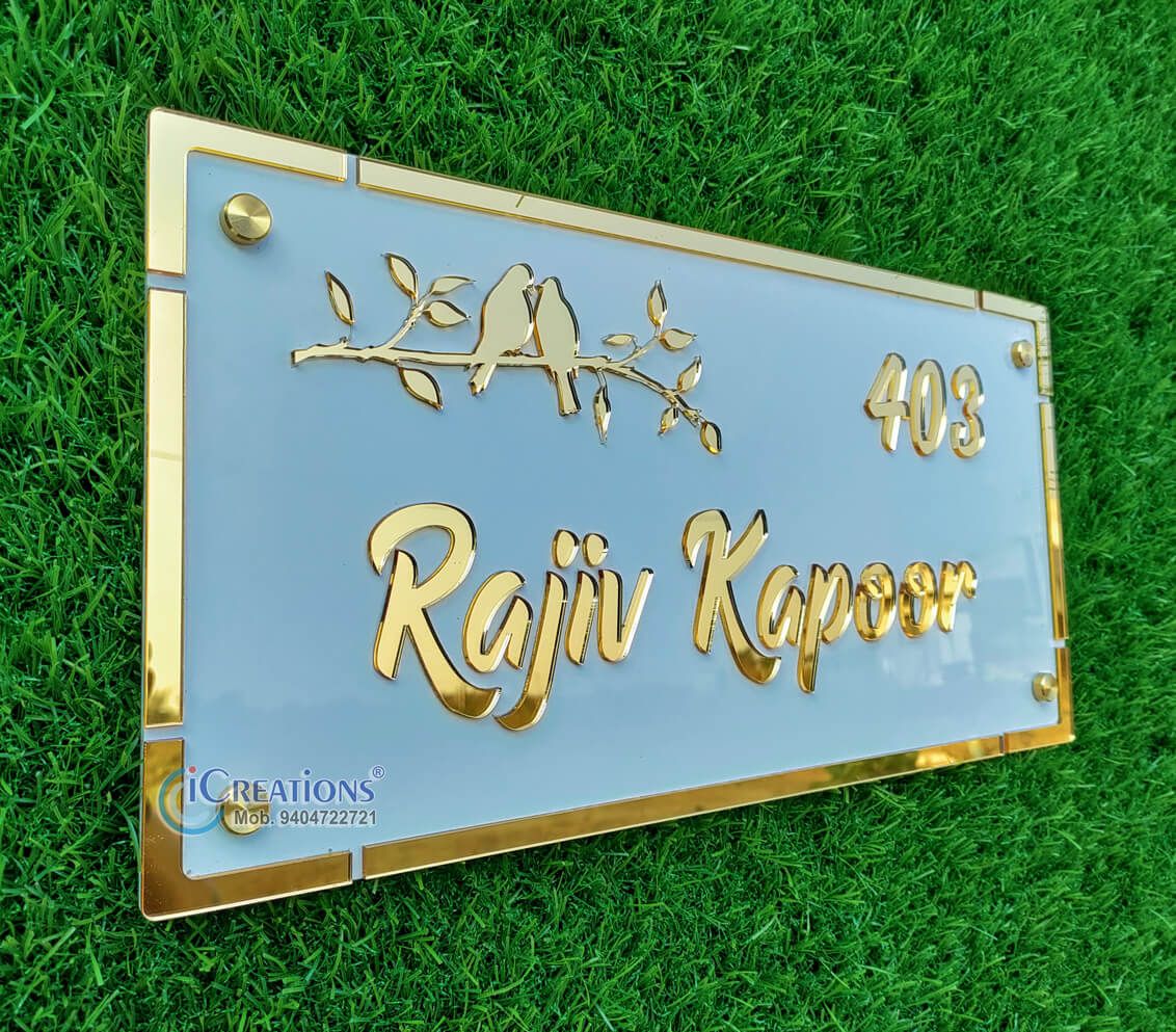 iCreations Personalized Name Plate for Home Entrance with Golden Acrylic Letters