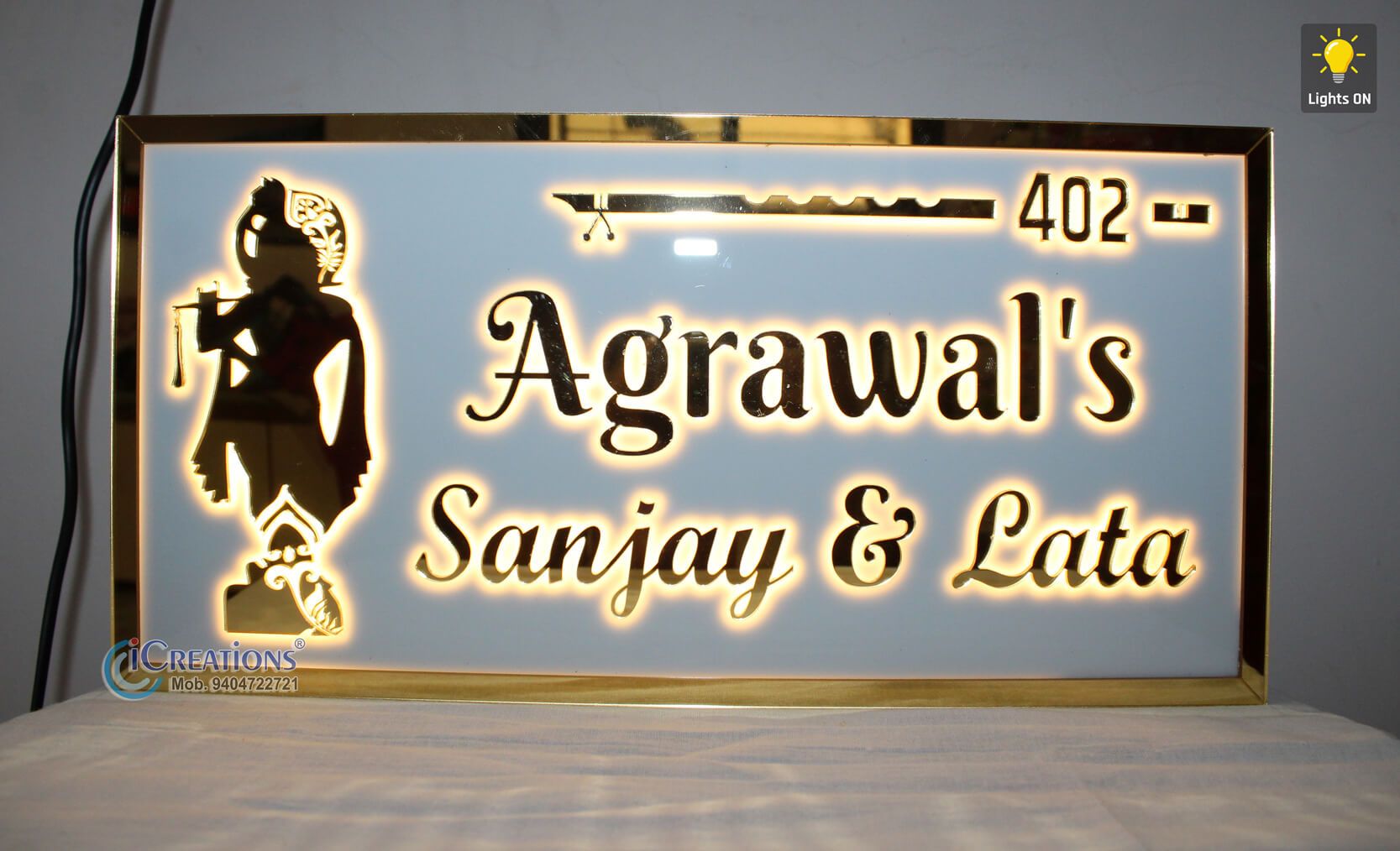 iCreations Personlized LED light Name Plate with Krishna for Home Entrance (8 x 16 Inch) (White with gold letters)