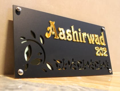 iCreations Customised Nameplate for house black (matte) with Golden Acrylic Solid Letters