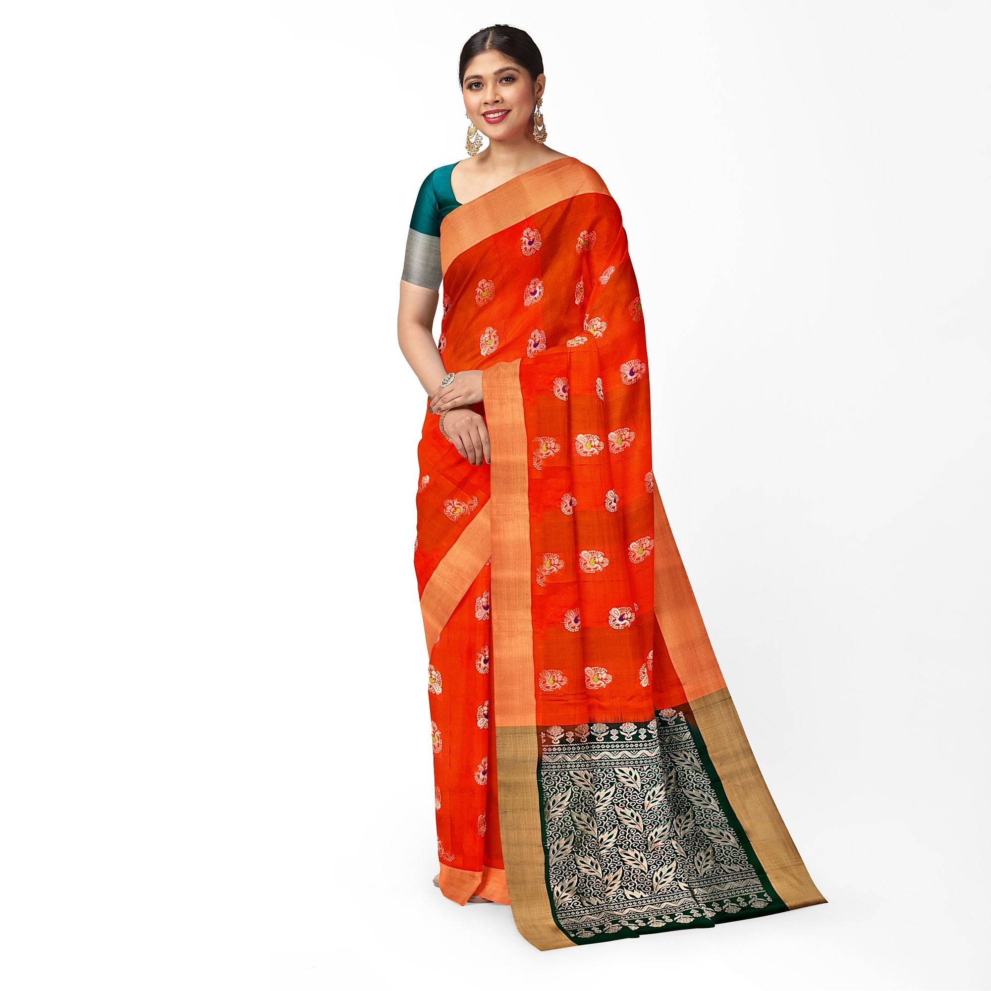 Dark Orange Color Beautiful Meena Work Peacock Butta Pure Kanjivaram Silk Saree