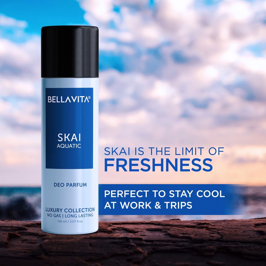 Bella Vita Luxury SKAI AQUATIC No Gas Deodorant Body Parfum for Men with Bergamot, Pineapple, Lavender | Aquatic & Fresh Fragrance Musky & Premium & Long Lasting Body Perfume DEO 150 ML