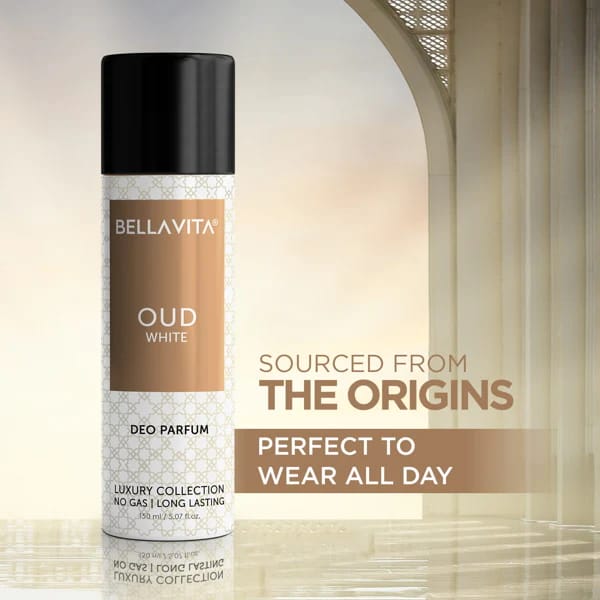Bella Vita Luxury OUD WHITE No Gas Body Deodorant Parfum for Men with Orange, Fressia & Tobacco|Woody Long Lasting Body Perfume DEO 150 ML