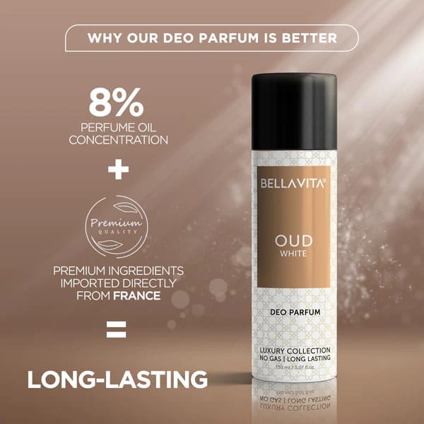 Bella Vita Luxury OUD WHITE No Gas Body Deodorant Parfum for Men with Orange, Fressia & Tobacco|Woody Long Lasting Body Perfume DEO 150 ML