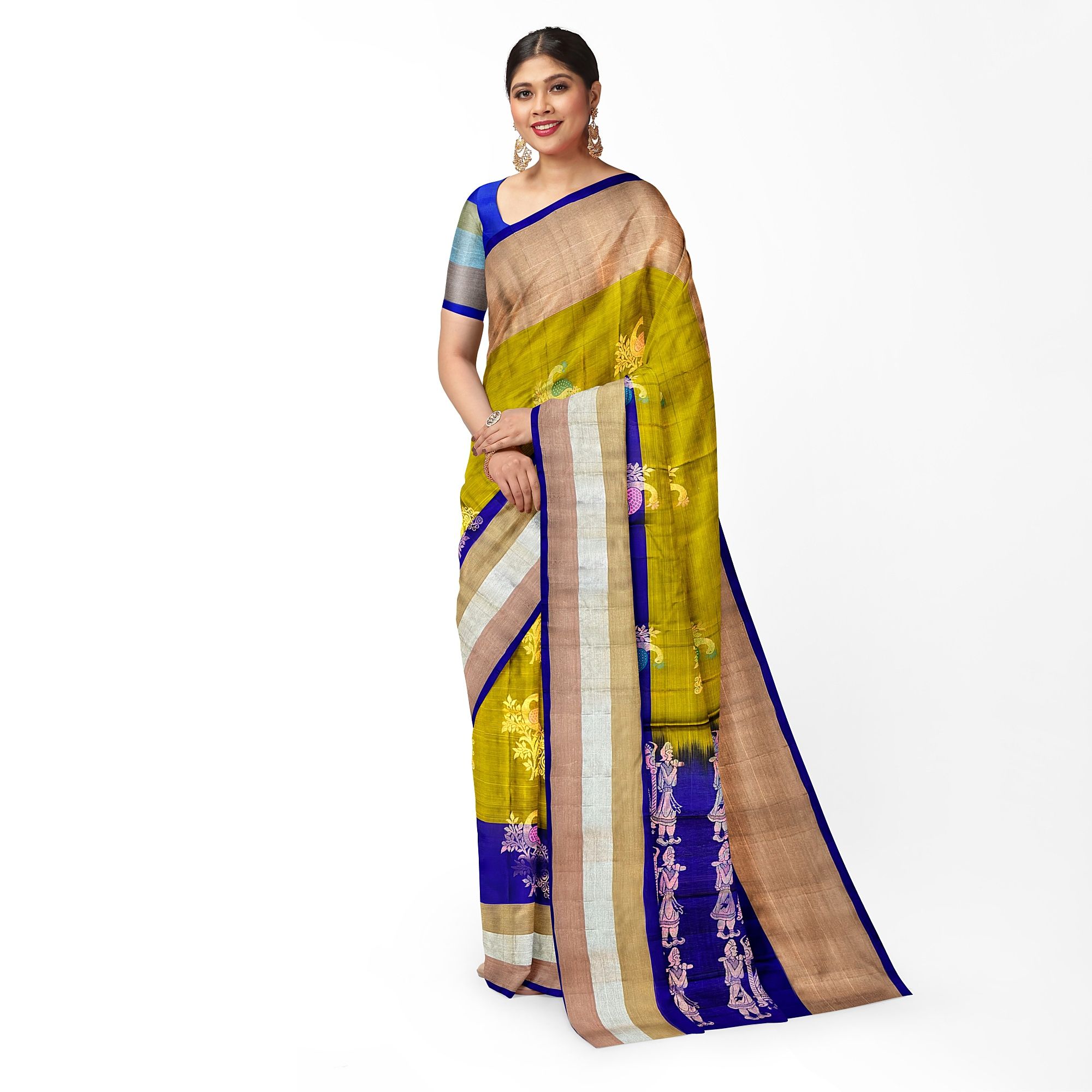 Olive Green Color Long Border Beautiful Meena Work Big Peacock Butta Pure Silk Saree