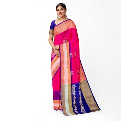 Ruby Red Color Meena Work Beautiful Peacock Butta Pure Silk Saree