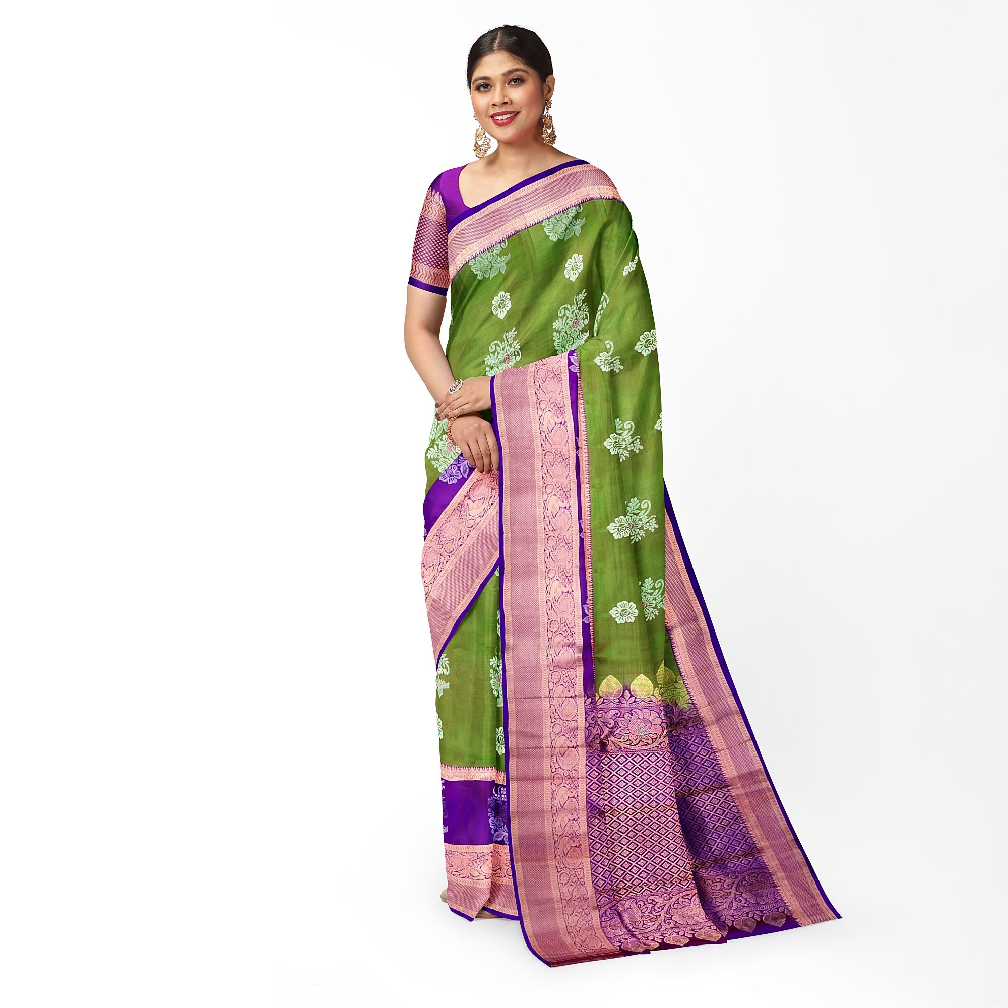 Green Color Beautiful Floral Butta Pure Silk Saree