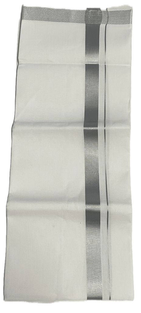 Pure white cotton Dhothi - Big Silk Border Mundu - Silk and Silver colours Dothi