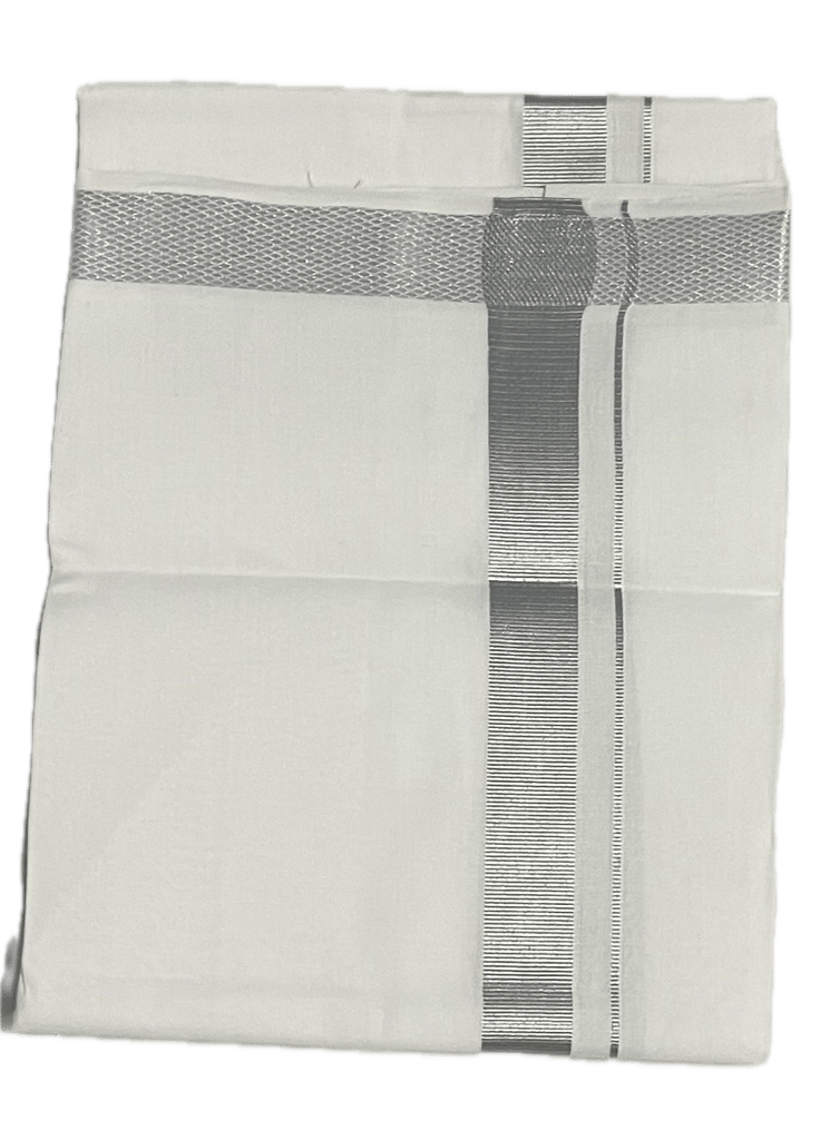 Pure white cotton Dhothi - Big Silk Border Mundu - Silk and Silver colours Dothi