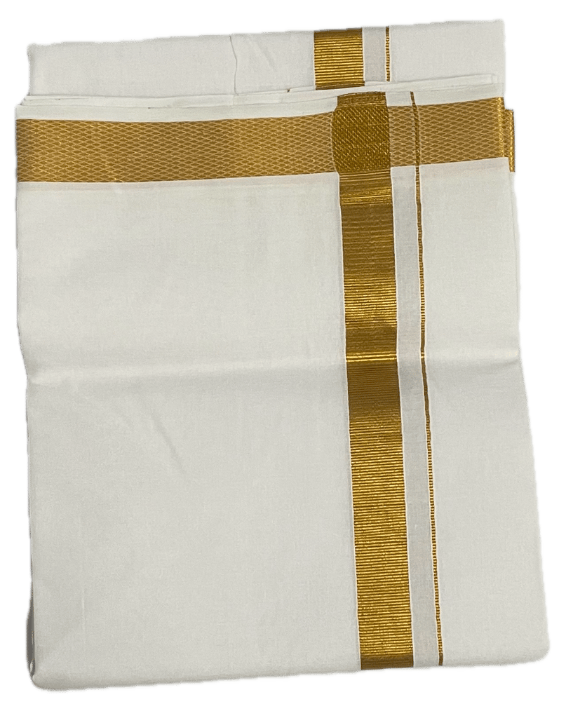 Pure white cotton Dhothi - Big Silk Border Mundu - Silk and Silver colours Dothi