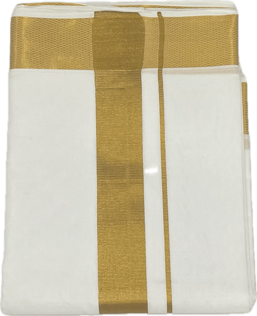 Traditional White Cotton Free Size Double Dhoti/Mundu with Big Gold Border with 1-Angvastram Towel 1.80 Meters Length