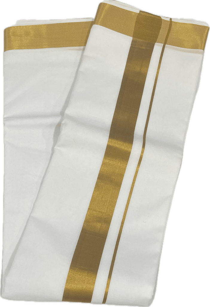 Traditional White Cotton Free Size Double Dhoti/Mundu with Big Gold Border with 1-Angvastram Towel 1.80 Meters Length