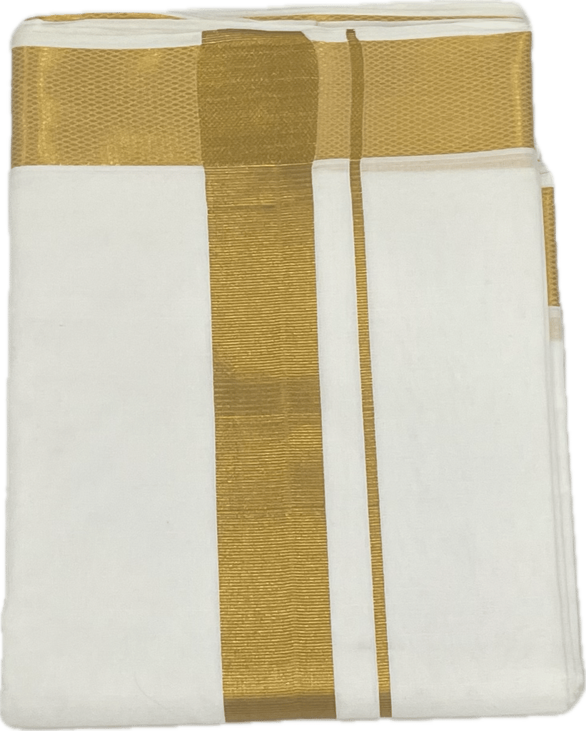 Traditional White Cotton Free Size Double Dhoti/Mundu with Big Gold Border with 1-Angvastram Towel 1.80 Meters Length