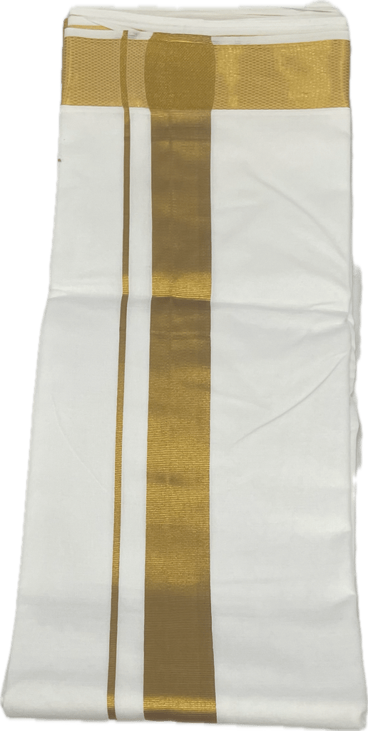 Traditional White Cotton Free Size Double Dhoti/Mundu with Big Gold Border with 1-Angvastram Towel 1.80 Meters Length