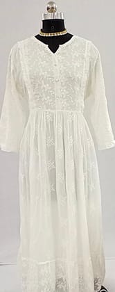 NV92088/D001-D004-Graceful Simplicity: Forkful Sleeve Full-Length Pure Cotton White Dress