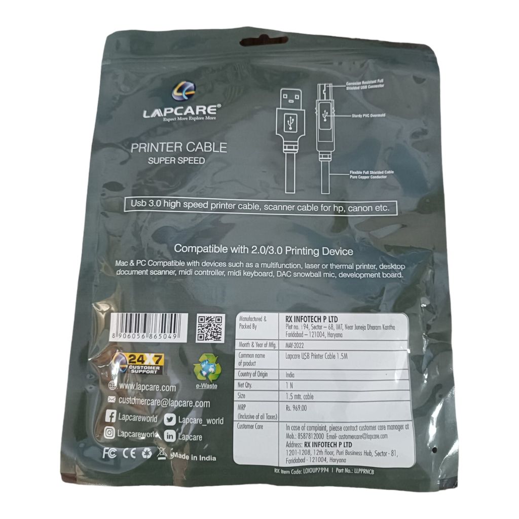 Lapcare USB 3.0 Printer/Scanner Cable: Connect and Print with Lightning Speed (1.5m, 100% Copper Wire)