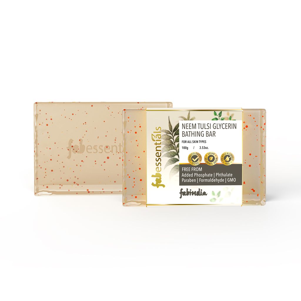 Fabessentials Neem Tulsi Glycerin Bathing Bar | with Walnut Granules | for Cleansing, Nourishing and Rejuvenating Skin | Vegan & Toxin Free - 100 gm