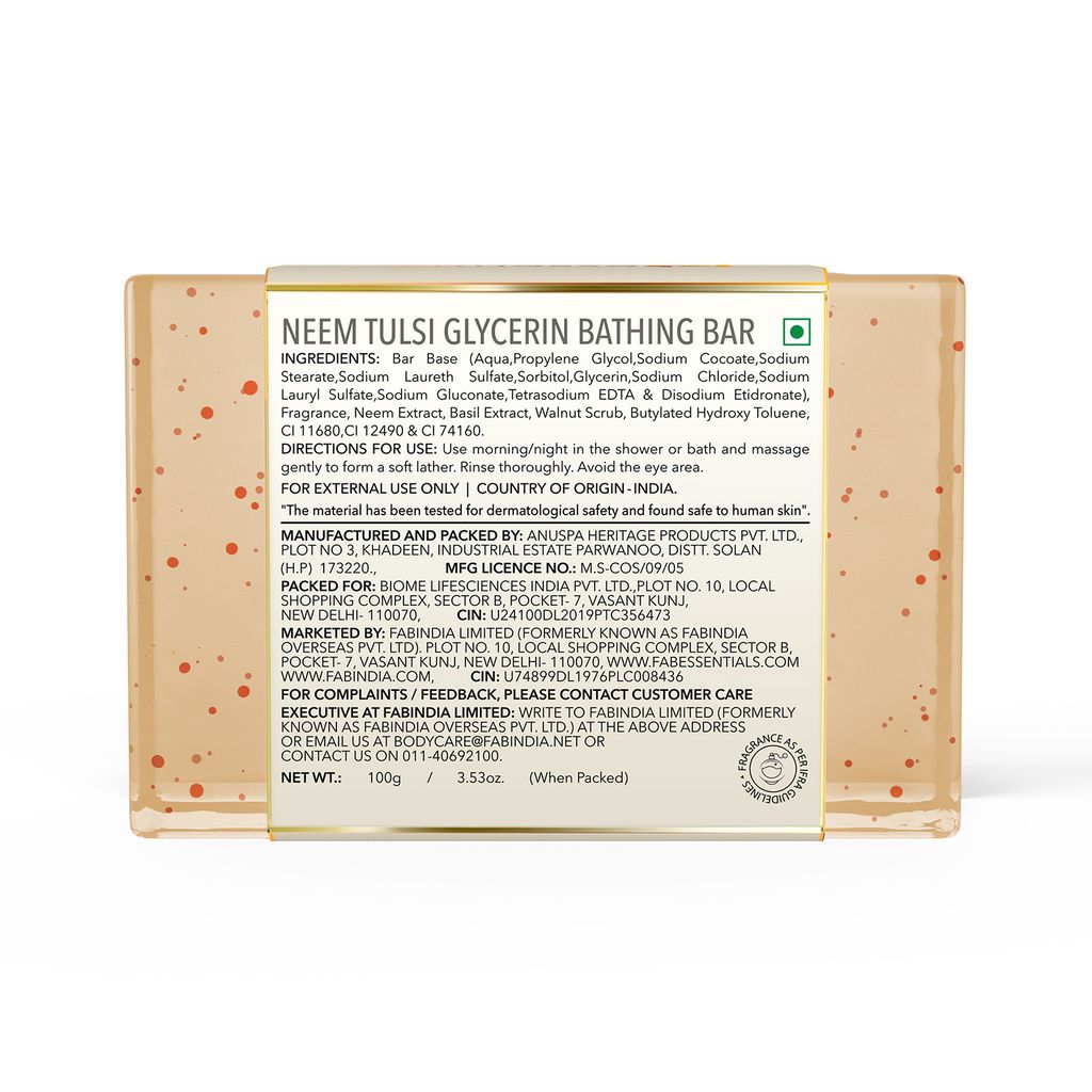 Fabessentials Neem Tulsi Glycerin Bathing Bar | with Walnut Granules | for Cleansing, Nourishing and Rejuvenating Skin | Vegan & Toxin Free - 100 gm