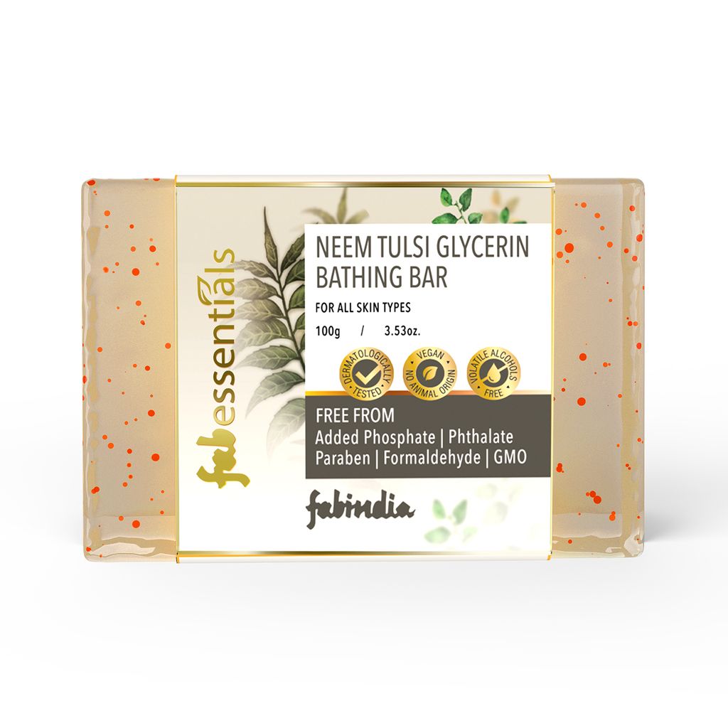 Fabessentials Neem Tulsi Glycerin Bathing Bar | with Walnut Granules | for Cleansing, Nourishing and Rejuvenating Skin | Vegan & Toxin Free - 100 gm