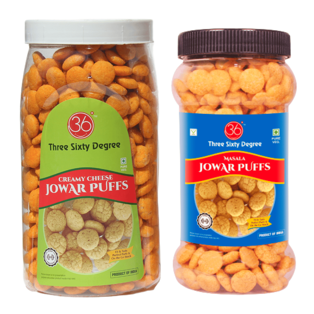 360 Three Sixty Degree Slow Roasted Palm Oil Free Jowar Puffs Creamy Cheese Big Jar & Masala Small Jar Combo