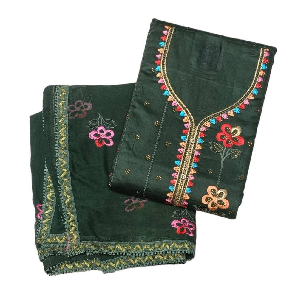 Afsh Jam Cotton Neck Embroidery And Daman Work Suit with Chiffon Multi Thread Work with Four Sided Border Dupatta - Dupattas & Shawls | Buy online on ZillyBuy