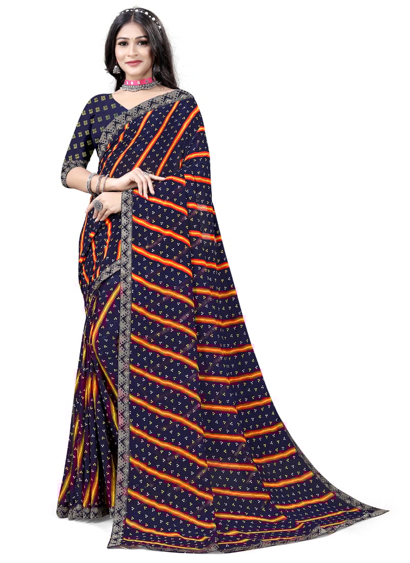 ASISA  Navy Blue Georgette Printed Sraee
