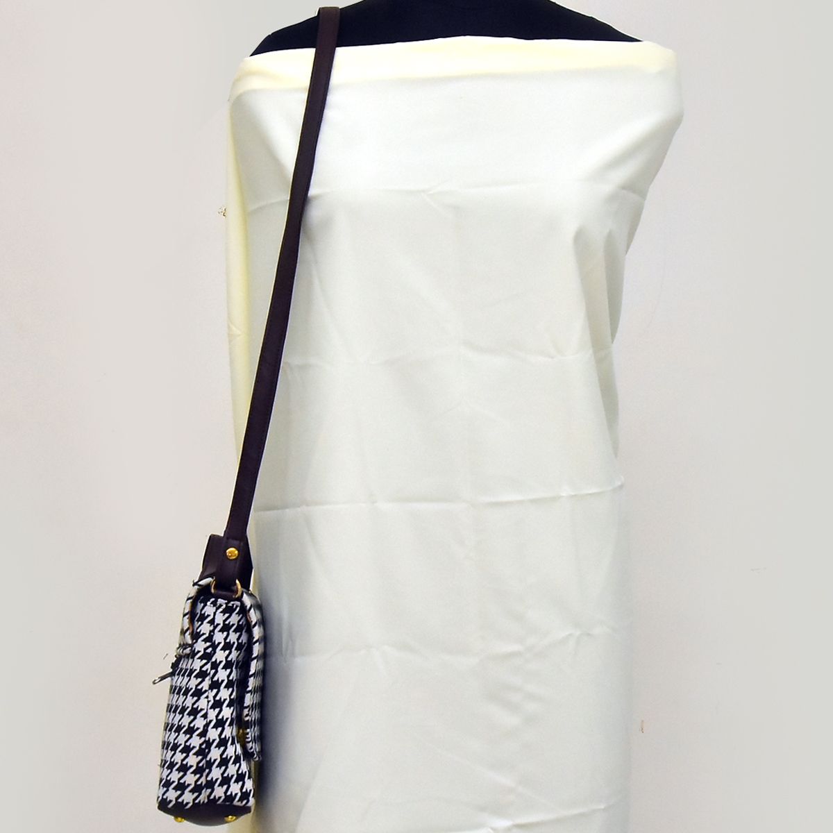 TVM13-Monochrome Chic: Black & White Jacquard Cloth and Leather Sling Bag