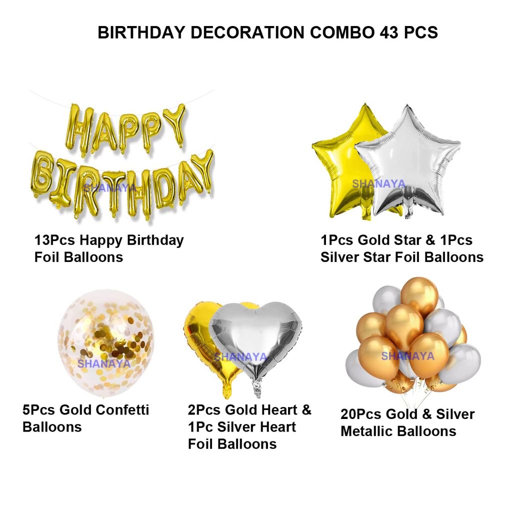 SHANAYA Birthday Decoration Kit 43 Pieces Gold Theme With FREE Candles
