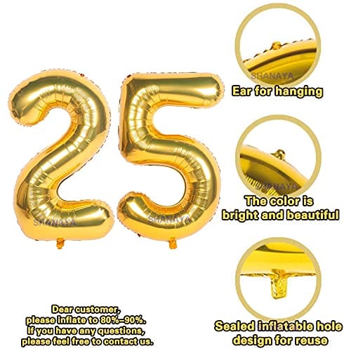 SHANAYA 25th Happy Anniversary Decoration Kit - 64Pcs Set For Husband Wife Decoration Items Combo - Happy Anniversary Bunting Banner Black Gold Number 25 Foil Balloons Metallic Balloons Glue Dot