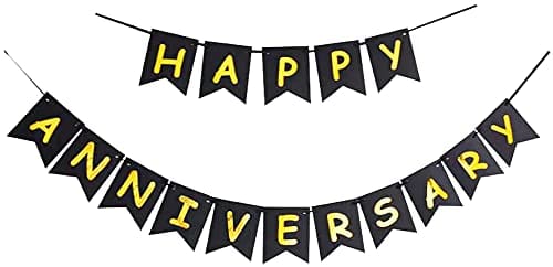 SHANAYA 25th Happy Anniversary Decoration Kit - 64Pcs Set For Husband Wife Decoration Items Combo - Happy Anniversary Bunting Banner Black Gold Number 25 Foil Balloons Metallic Balloons Glue Dot