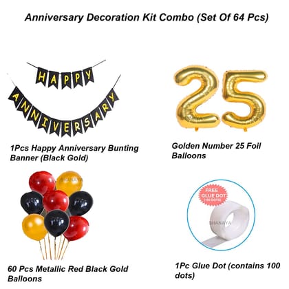 SHANAYA 25th Happy Anniversary Decoration Kit - 64Pcs Set For Husband Wife Decoration Items Combo - Happy Anniversary Bunting Banner Black Gold Number 25 Foil Balloons Metallic Balloons Glue Dot SHANAYA 25th Happy Anniversary Decoration Kit - 64Pcs Set For Husband Wife Decoration Items Combo - Happy Anniversary Bunting Banner Black Gold Number 25 Foil Balloons Metallic Balloons Glue Dot