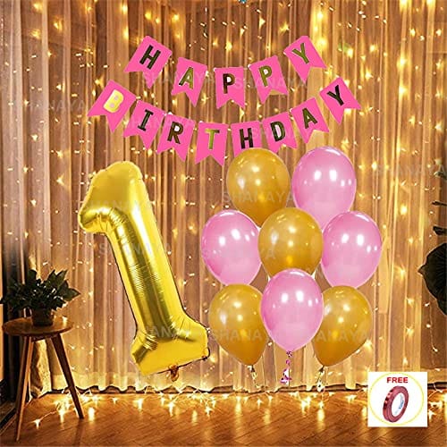 SHANAYA Happy Birthday Decoration Items Kit - 33Pcs Set For Boys Girls Husband Wife Decoration Items Combo -Happy Birthday Bunting Banner Metallic Gold Pink Number 1 Foil Balloon Ribbon Party Supplies
