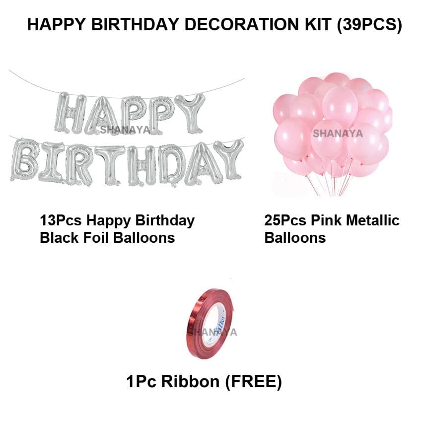 SHANAYA Happy Birthday Decoration Items Kit Combo 39Pcs Set For Girls Wife Happy Birthday Silver Banner Balloons Pink Metallic Balloons Party Supplies Silver Pink Theme