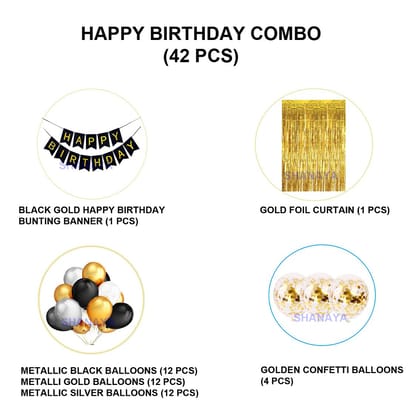 Shanaya Birthday Decoration Items Kit 42pcs Set Combo Happy Birthday Bunting Banner Silver Foil Curtain Metallic Confetti Balloons