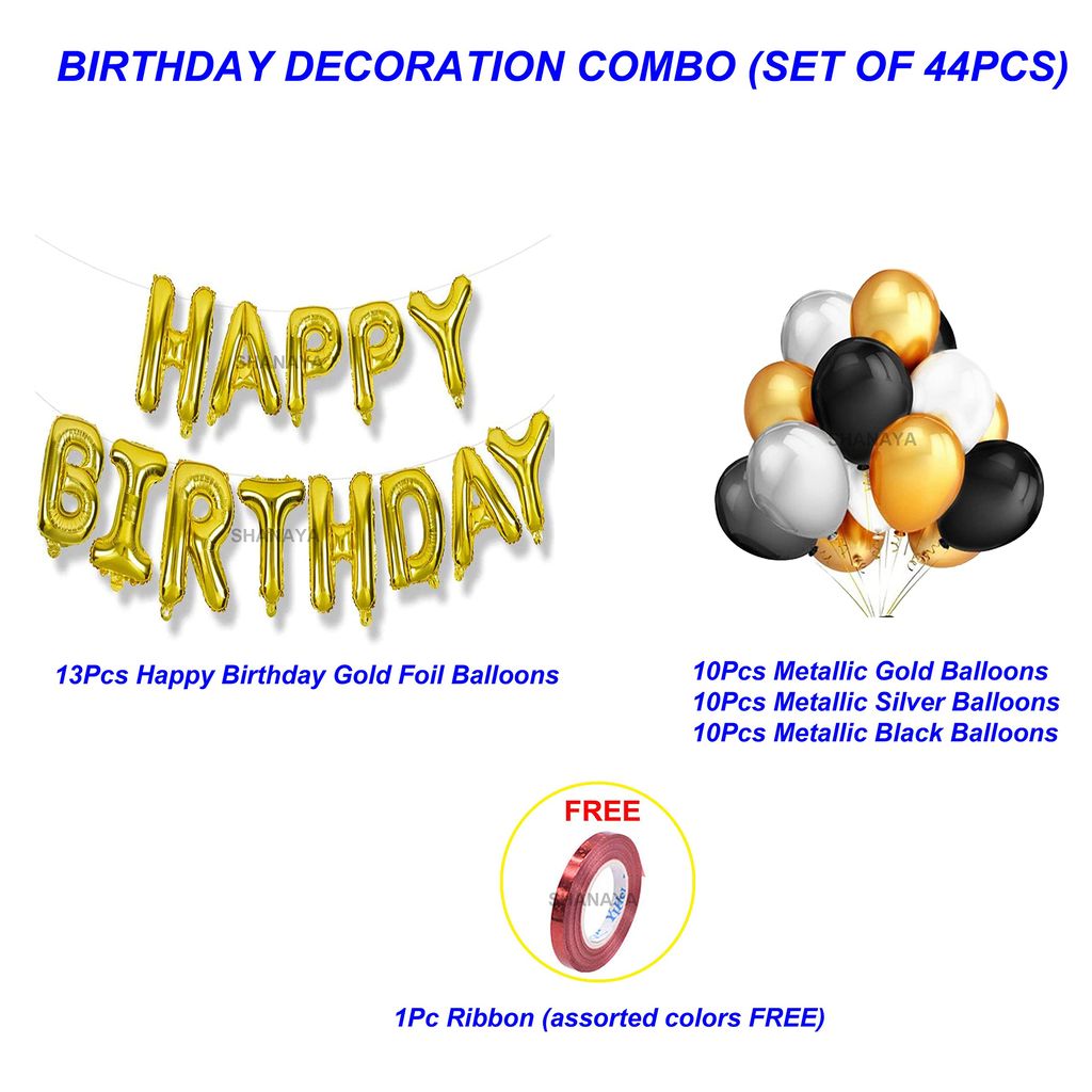 SHANAYA Birthday Decoration Items| Birthday Decoration For Girls Boys Husband Wife| Birthday Decoration Set Kit| 44Pcs Includes Happy Birthday Gold Foil Balloons Gold Black Silver Metallic Balloons