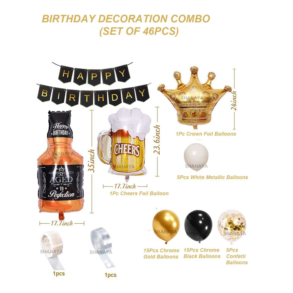 SHANAYA Black Gold Happy Birthday Party Decorations Set Confetti Balloons With Banner Crown Balloons Champagne Mug Foil Balloon Chrome Gold Black Balloons For Men Women Birthday Party Supplies 46Pcs