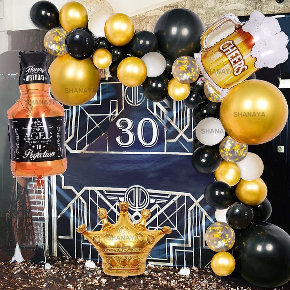SHANAYA Black Gold Happy Birthday Party Decorations Set Confetti Balloons With Banner Crown Balloons Champagne Mug Foil Balloon Chrome Gold Black Balloons For Men Women Birthday Party Supplies 46Pcs