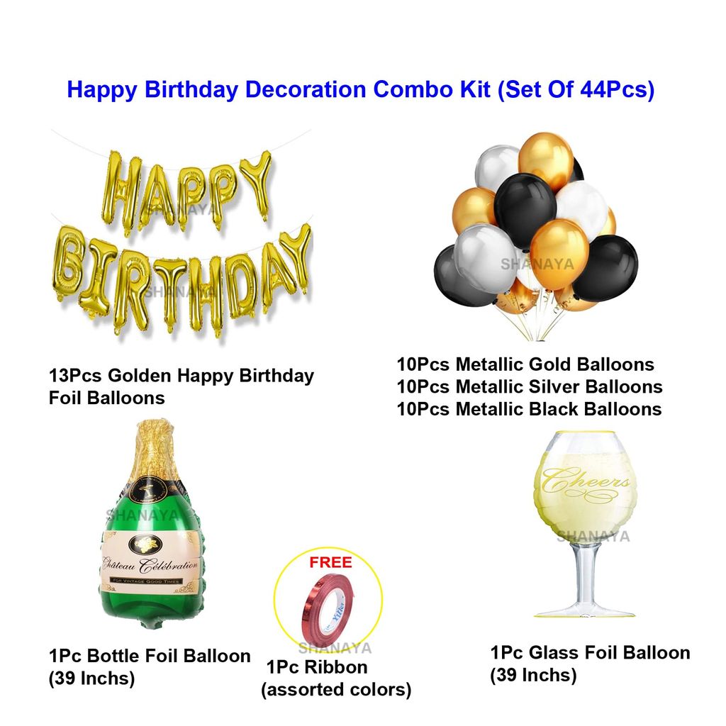 SHANAYA Birthday Decoration Items For Girls Boys Husband Wife Combo Set Kit -46Pcs Set Happy Birthday Gold Foil Balloons Metallic Gold Silver Black Baloons Bottle Glass Foil Party Supplies