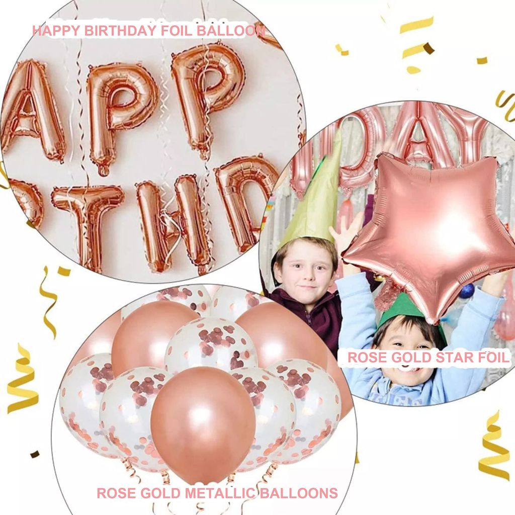 SHANAYA 48Pcs Rose Gold Happy Birthday Decoration Kit Items Includes Happy Birthday Foil Balloons Star Heart Foil Balloons Metallic Balloons Confetti Balloons Glue Dot Ribbon For Indoor D�cor