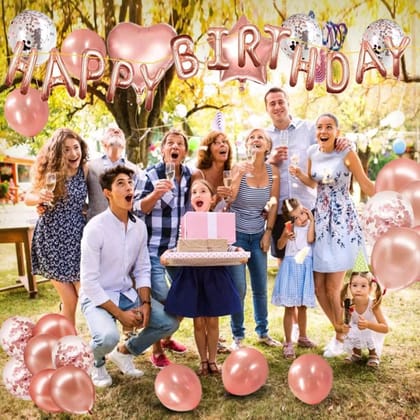 SHANAYA 48Pcs Rose Gold Happy Birthday Decoration Kit Items Includes Happy Birthday Foil Balloons Star Heart Foil Balloons Metallic Balloons Confetti Balloons Glue Dot Ribbon For Indoor D�cor