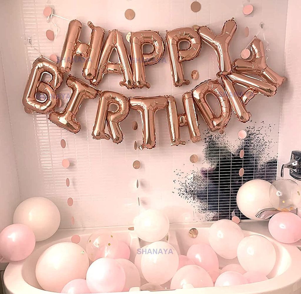 SHANAYA Birthday Decorations Items For Girls Boys Husband Wife Combo Set Kit -48Pcs Set Happy Birthday Rose Gold Foil Balloons Metallic Rose Gold Baloons Glass Bottle Star Foil Party Supplies