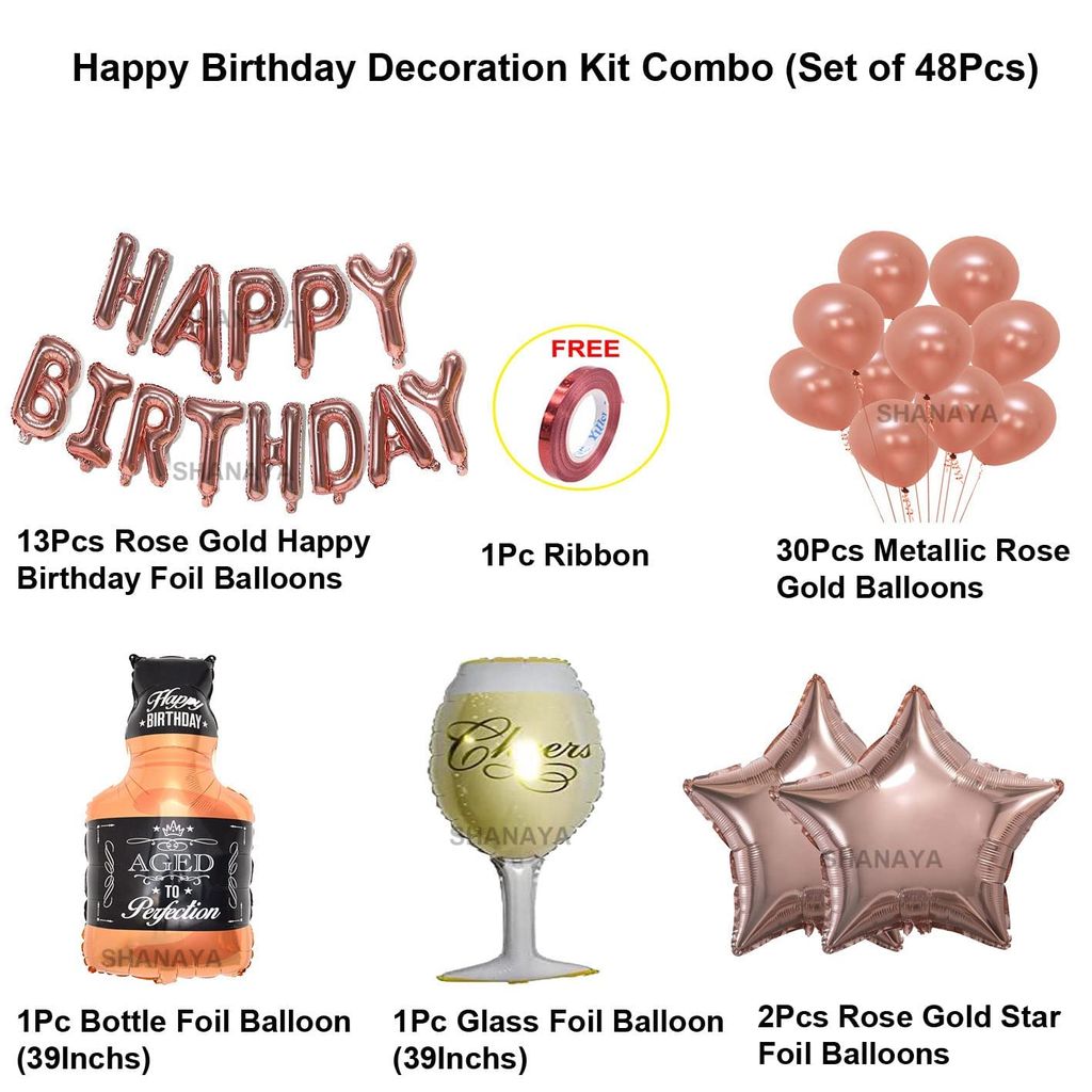 SHANAYA Birthday Decorations Items For Girls Boys Husband Wife Combo Set Kit -48Pcs Set Happy Birthday Rose Gold Foil Balloons Metallic Rose Gold Baloons Glass Bottle Star Foil Party Supplies